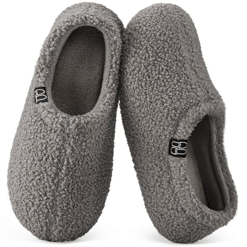 HomeTop Women's Fuzzy Curly Fur Memory Foam Loafer Slippers Bedroom House Shoes with Polar Fleece Lining (9-10, Grey) - Image 1